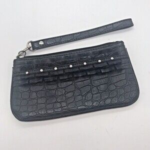 Steve Madden Black Croc Embossed Faux Leather Zip Close Ruffled Wallet Wristlet